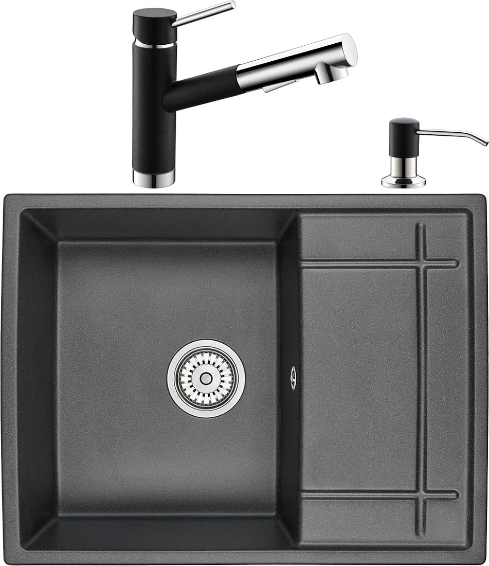 Комплект Мойка кухонная Domaci Солерно EMQ-1650.Q морион + Смеситель Domaci Солерно EC-3012 морион + Дозатор Domaci Солерно 401D.8 морион