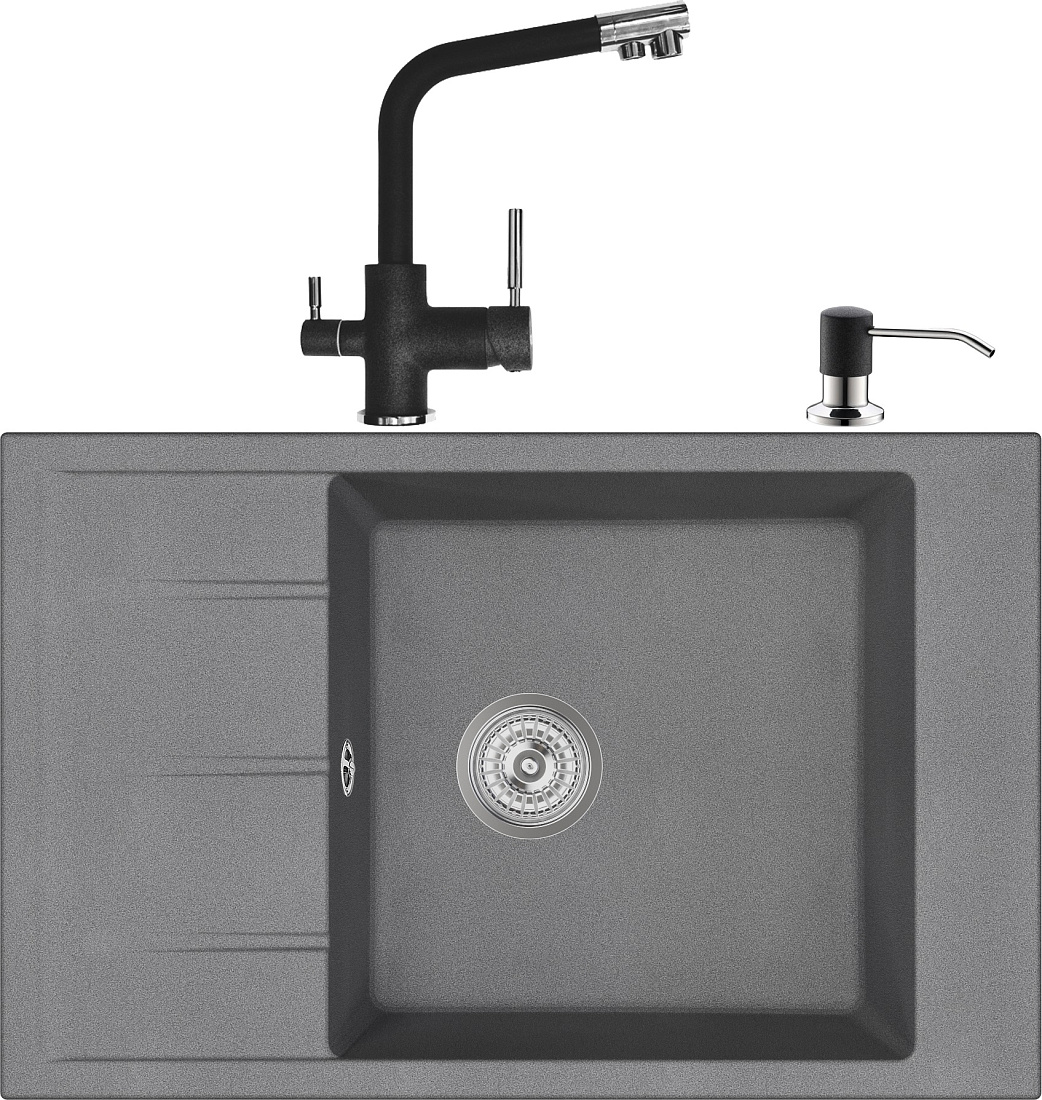 Комплект Мойка кухонная Domaci Солерно EMQ-1780.Q антрацит + Смеситель Domaci Солерно EC-3003 антрацит + Дозатор Domaci Солерно 401D.7 антрацит