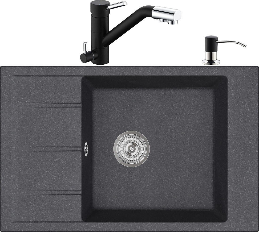 Комплект Мойка кухонная Domaci Солерно EMQ-1780.Q морион + Смеситель Domaci Солерно EC-3008 морион + Дозатор Domaci Солерно 401D.8 морион