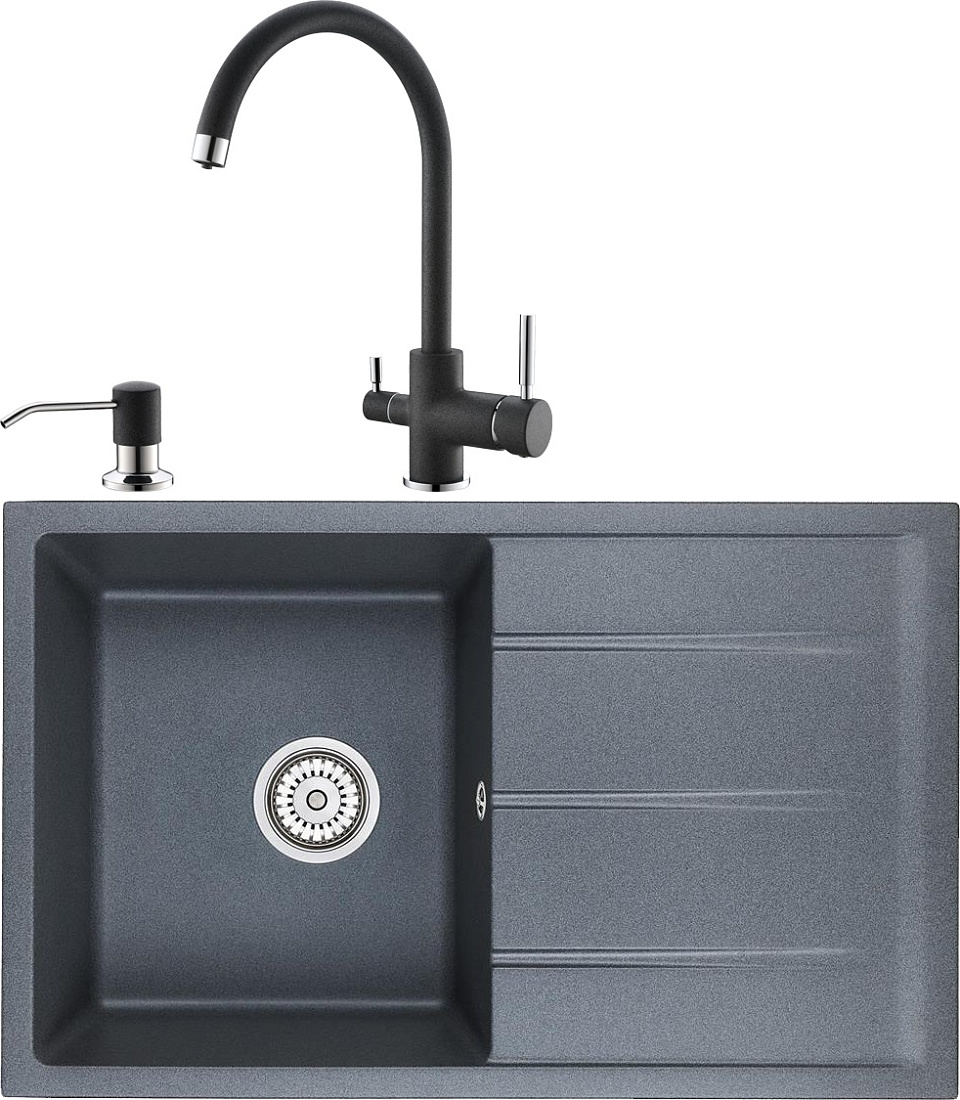 Комплект Мойка кухонная Domaci Солерно EMQ-1800.Q антрацит + Смеситель Domaci Солерно EC-3007 антрацит + Дозатор Domaci Солерно 401D.7 антрацит