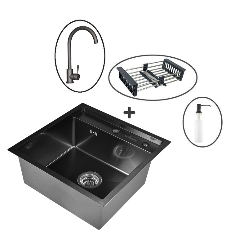 Комплект мойка для кухни из нержавеющей стали с PVD покрытием с раздвижным коландером и дозатором WISENT WG5050B 50х50см