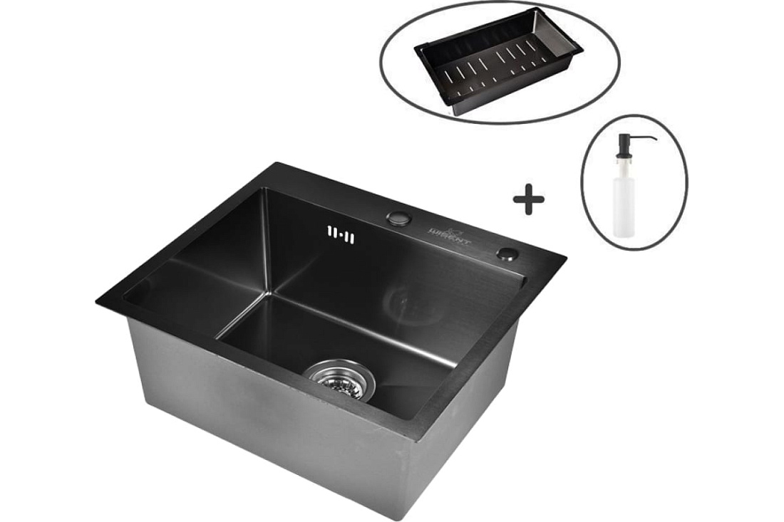 Комплект мойка для кухни из нержавеющей стали с PVD покрытием с металлическим коландером и дозатором WISENT WS5044B 50х44см