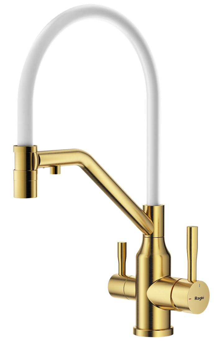 Смеситель для кухонной мойки Raglo R81.62.03 для кухни, с гибким изливом, золотой сатин/белый
