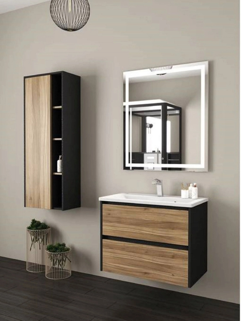 Мебель для ванной Uncoria Тронто 70 подвесная, черный матовый/орех лион