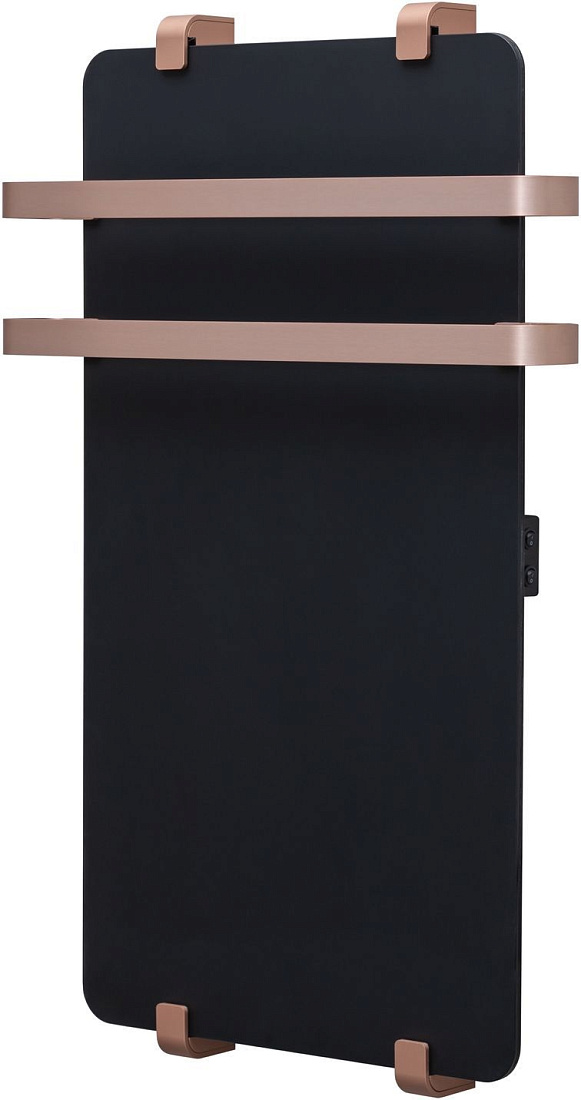 Электрический полотенцесушитель Allen Brau Infinity 100х44 стекло, черный матовый, с рейлингом 2.0 и креплением, медь браш