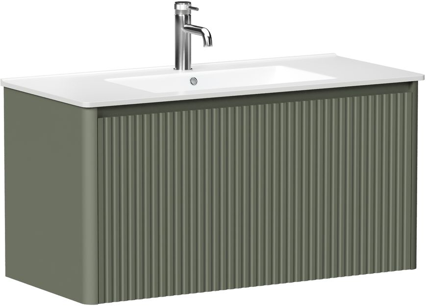 Тумба с раковиной Allen Brau Gravity 100 подвесная, 1 ящик, фасад с фрезеровкой, олива матовый