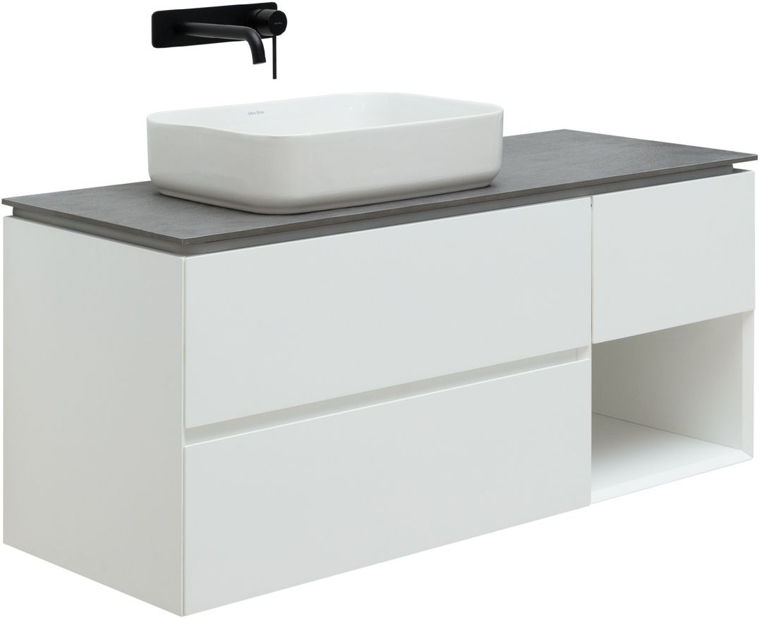 Тумба со столешницей Allen Brau Infinity 120 L подвесная, с подсветкой, 3 ящика, 1 полка, белый матовый