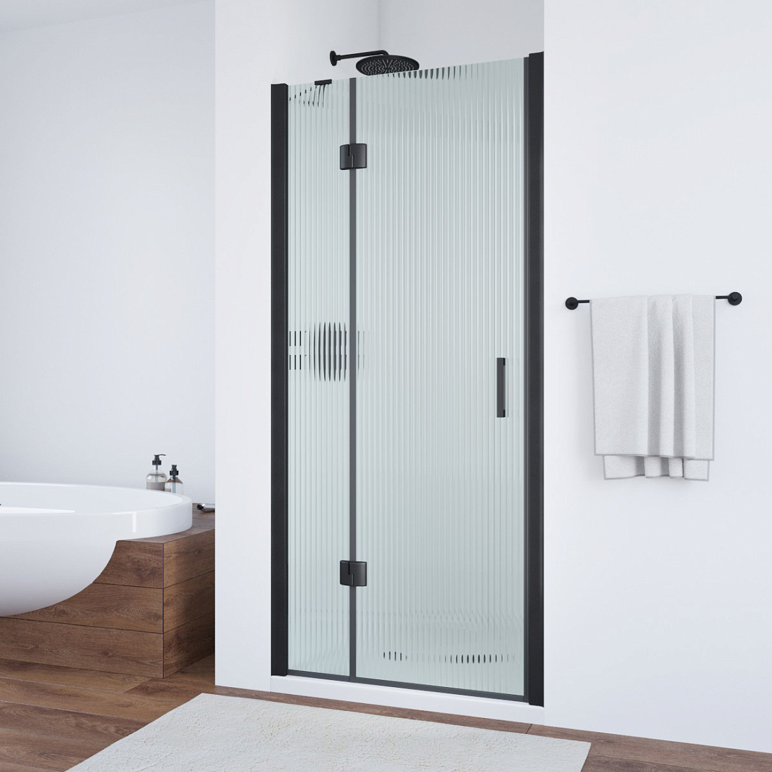 Дверь в душевой проем Vegas Glass AFP NOVO 100 02М Moru L, профиль черный матовый, стекло Moru