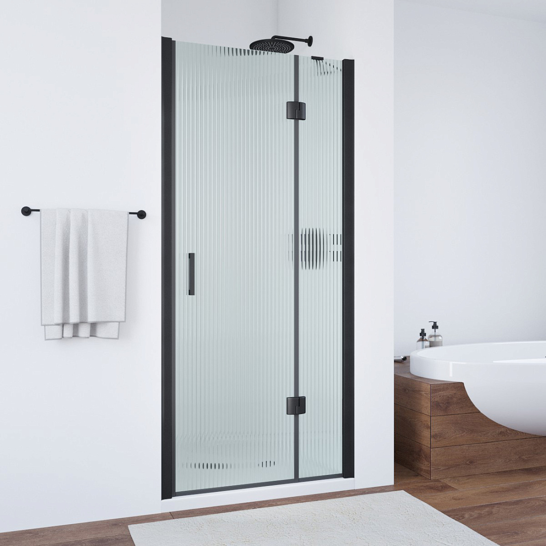 Дверь в душевой проем Vegas Glass AFP NOVO 100 02М Moru R, профиль черный матовый, стекло Moru