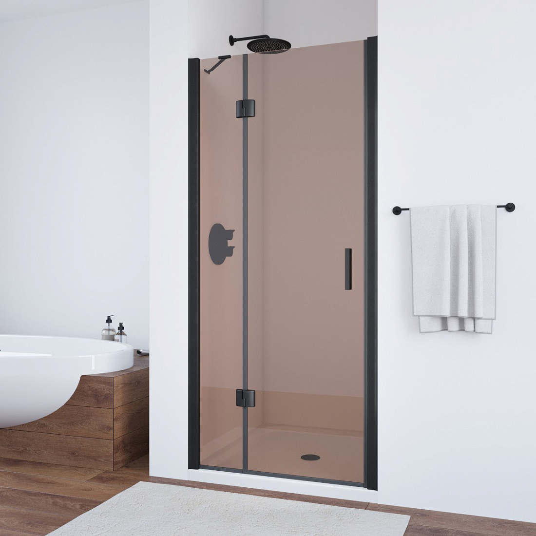 Дверь в душевой проем Vegas Glass AFP NOVO 100 02М 05 L, профиль черный матовый, стекло бронза