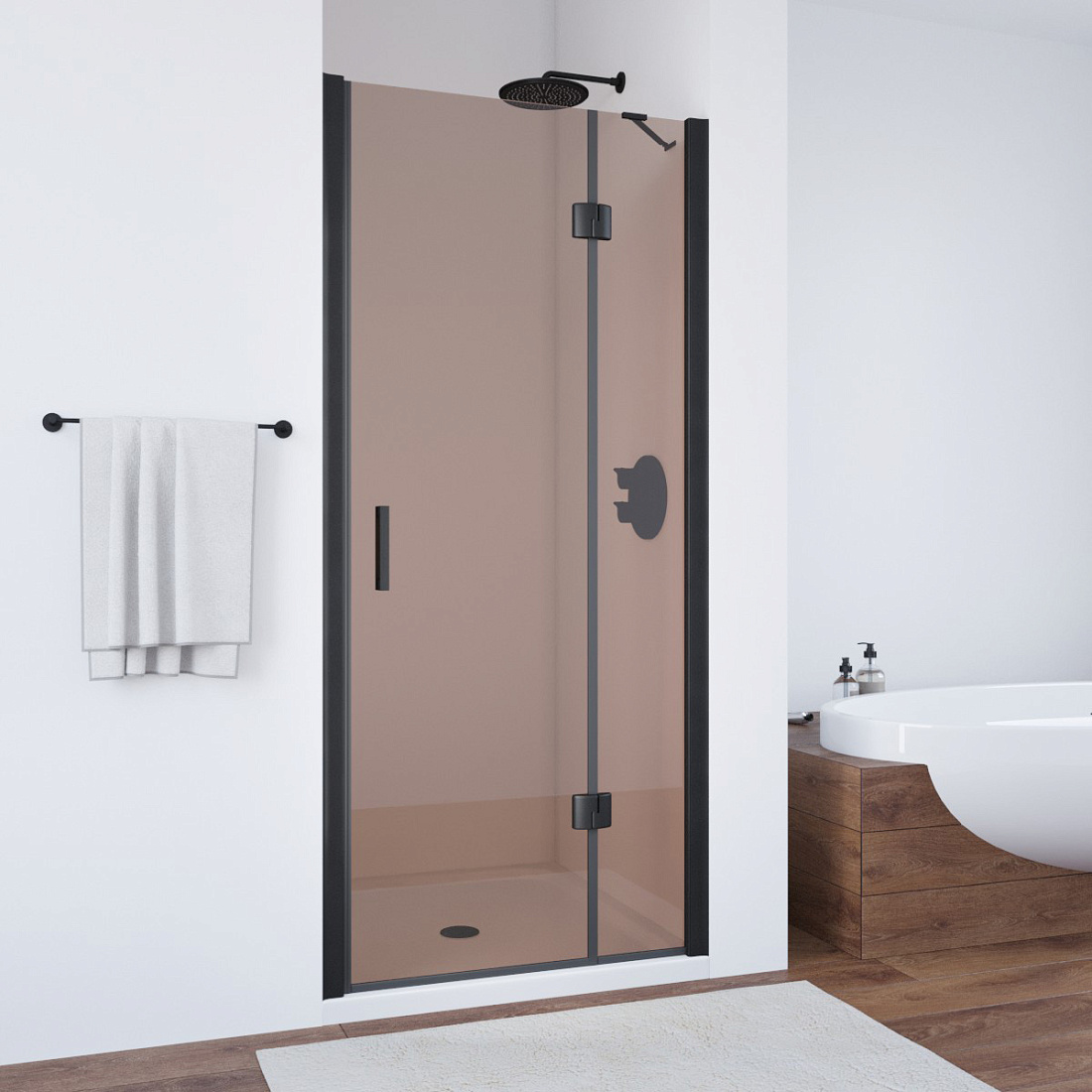 Дверь в душевой проем Vegas Glass AFP NOVO 100 02М 05 R, профиль черный матовый, стекло бронза