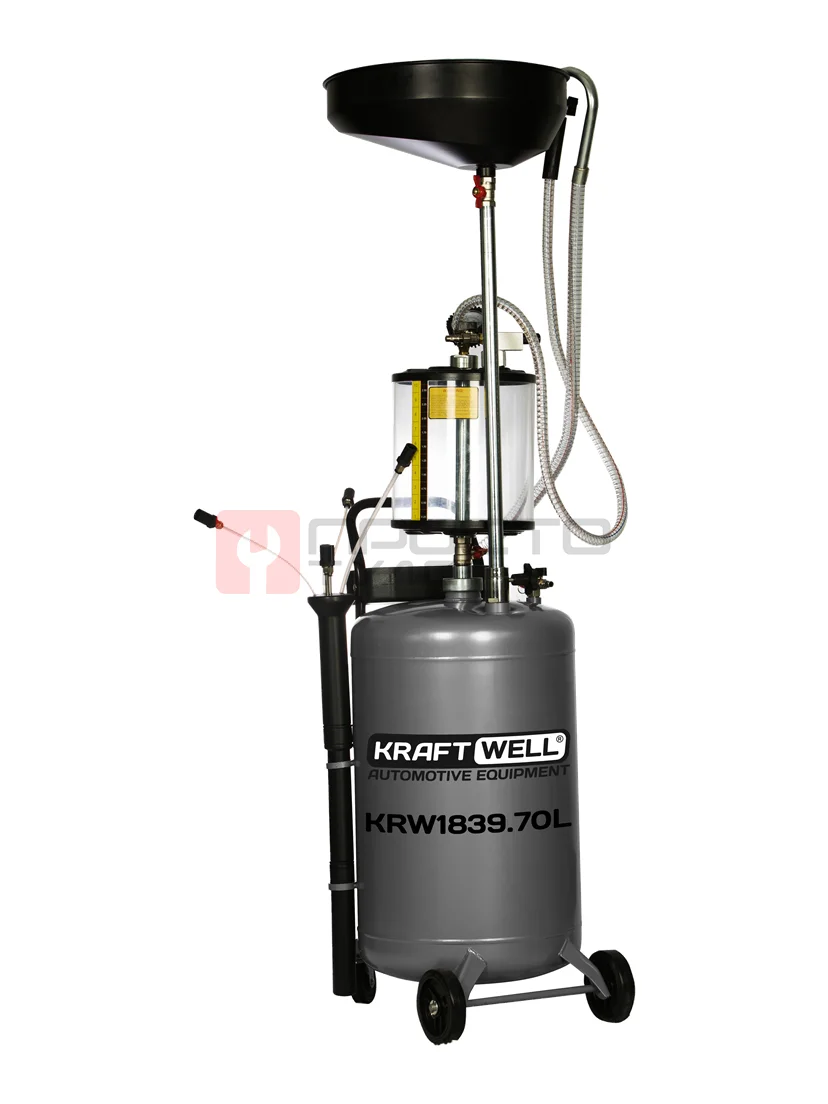 KraftWell KRW1839.70L Установка для слива и откачки масла/антифриза с подъемной ванной и мерной емкостью, мобильная, объем 70 л