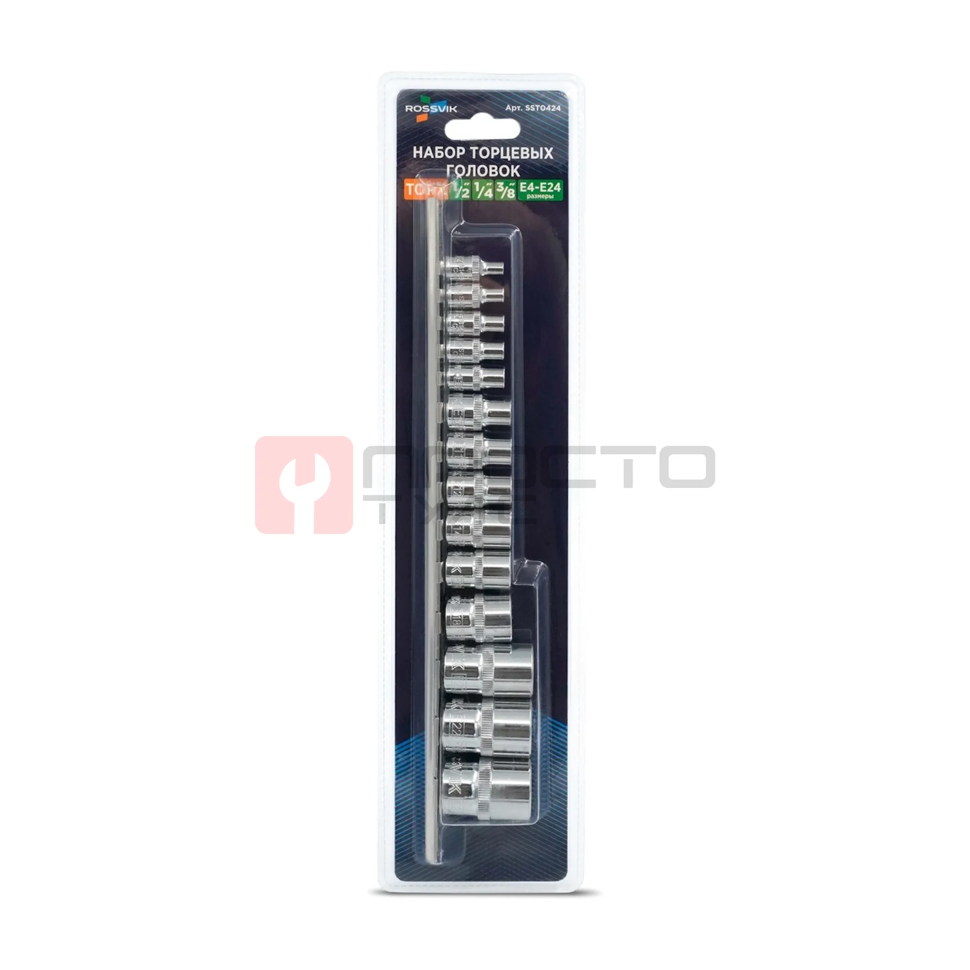 Набор головок на держателе ROSSVIK SST0424, 1/4", 3/8", 1/2", TORX E4-E24, 14 предметов фото (0)