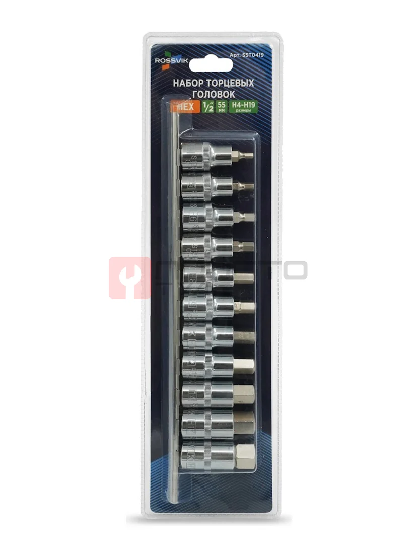 Набор головок со вставкой на держателе ROSSVIK SST0419, 1/2", HEX H4-H19, L-55 мм, 11 предметов