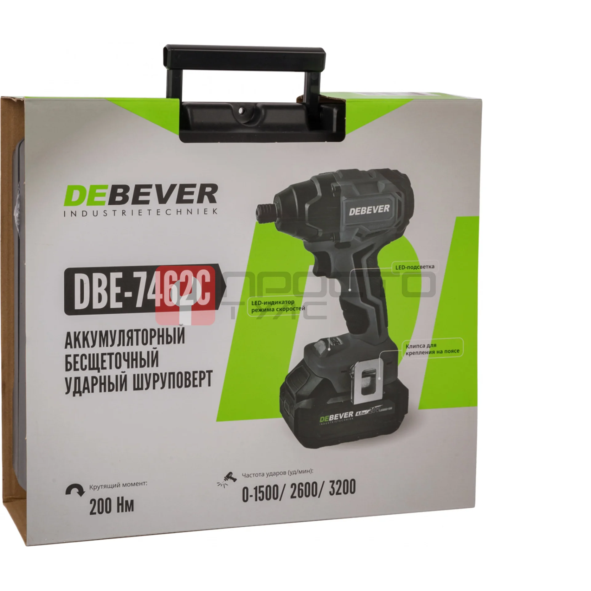 DBE-7462CKIT Винтоверт аккумуляторный DeBever бесщеточный, ударный, шестигранник 1/4", 3 скорости, 200Nm, 20B, 2 Ач в наборе с аккумулятором и з фото (1)