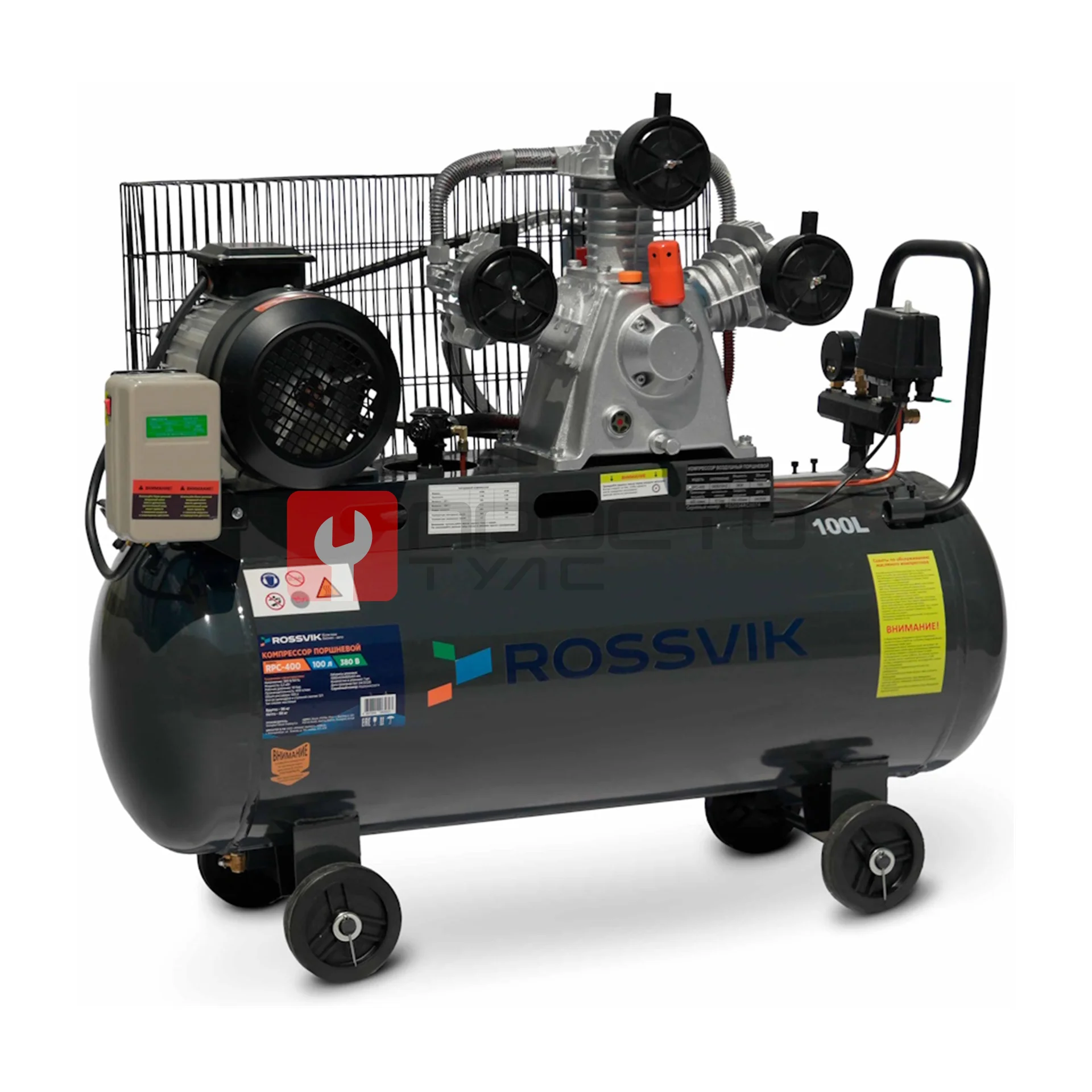 Компрессор ROSSVIK RPC-400, 400 л/мин, 10 бар, ресивер 100 л, 380 В/3 кВт, серый фото (0)