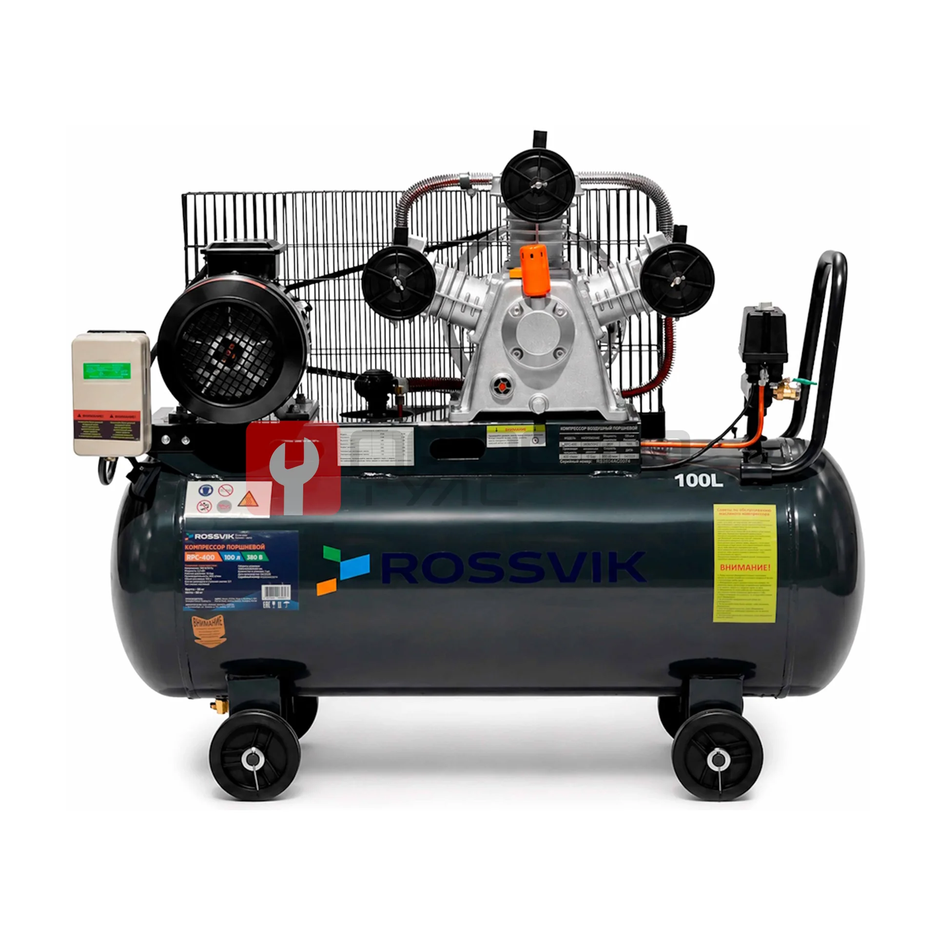 Компрессор ROSSVIK RPC-400, 400 л/мин, 10 бар, ресивер 100 л, 380 В/3 кВт, серый фото (6)