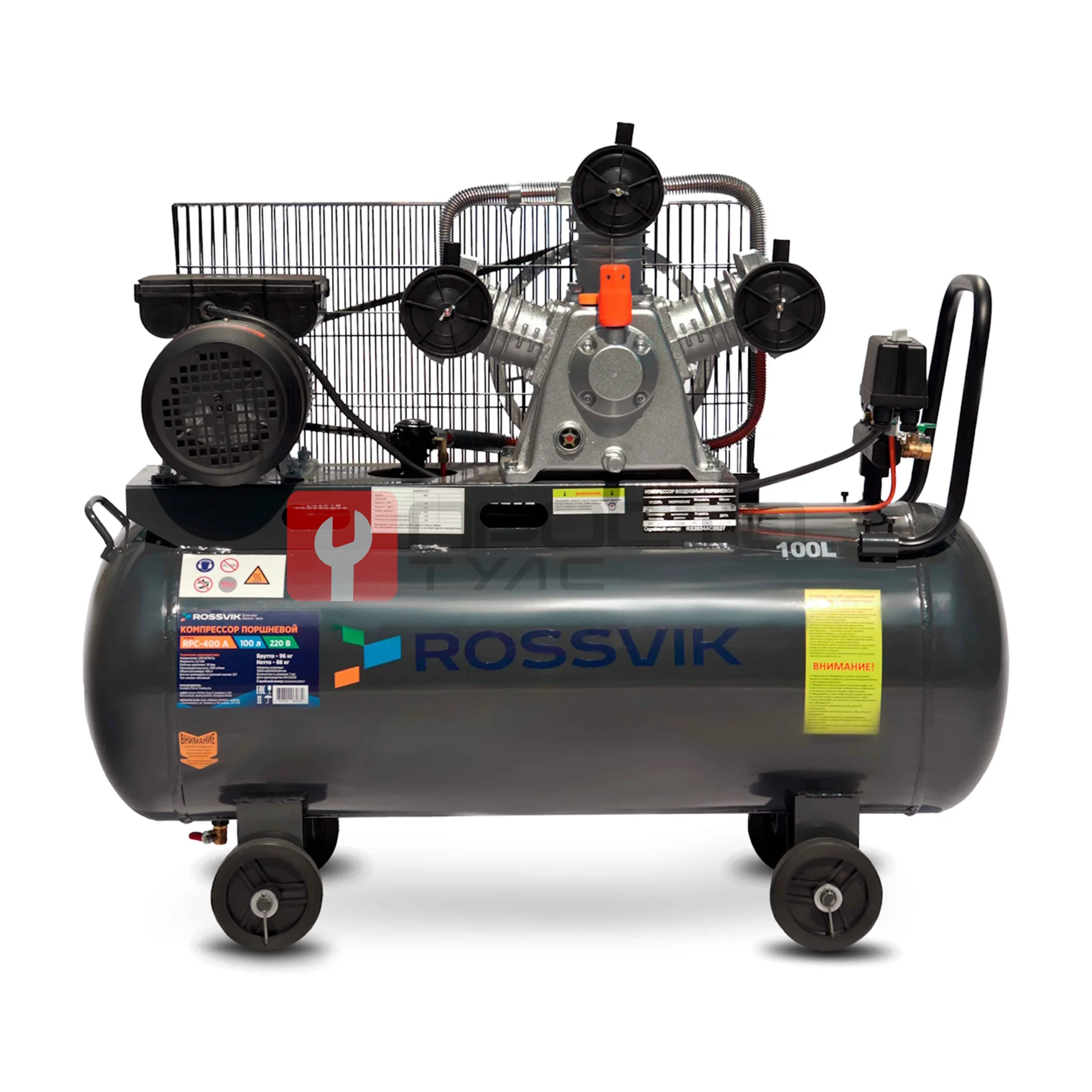 Компрессор ROSSVIK RPC-400A, 400 л/мин, 10 бар, ресивер 100 л, 220 В/2,2 кВт, серый фото (6)