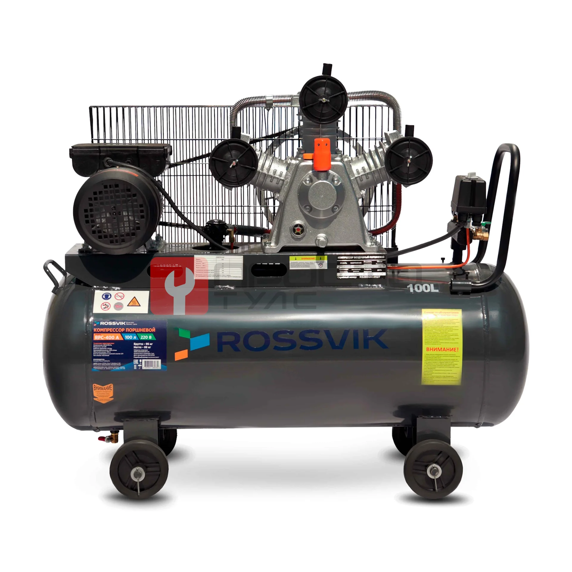 Компрессор ROSSVIK RPC-400A, 400 л/мин, 10 бар, ресивер 100 л, 220 В/2,2 кВт, серый фото (1)