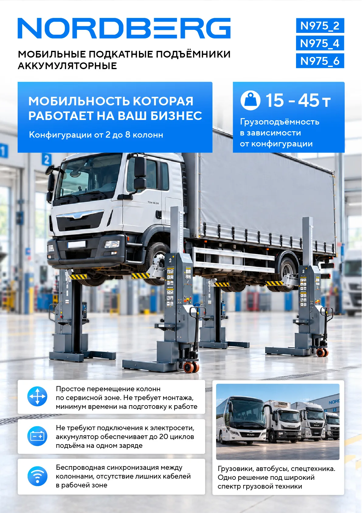 Подкатной подъёмник аккумуляторный, электрогидравлический (комплект 4 шт) NORDBERG N975_4(G) фото (1)