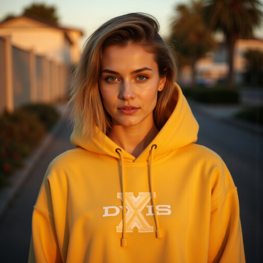Нейросеть: Streetwear портрет в золотом худи