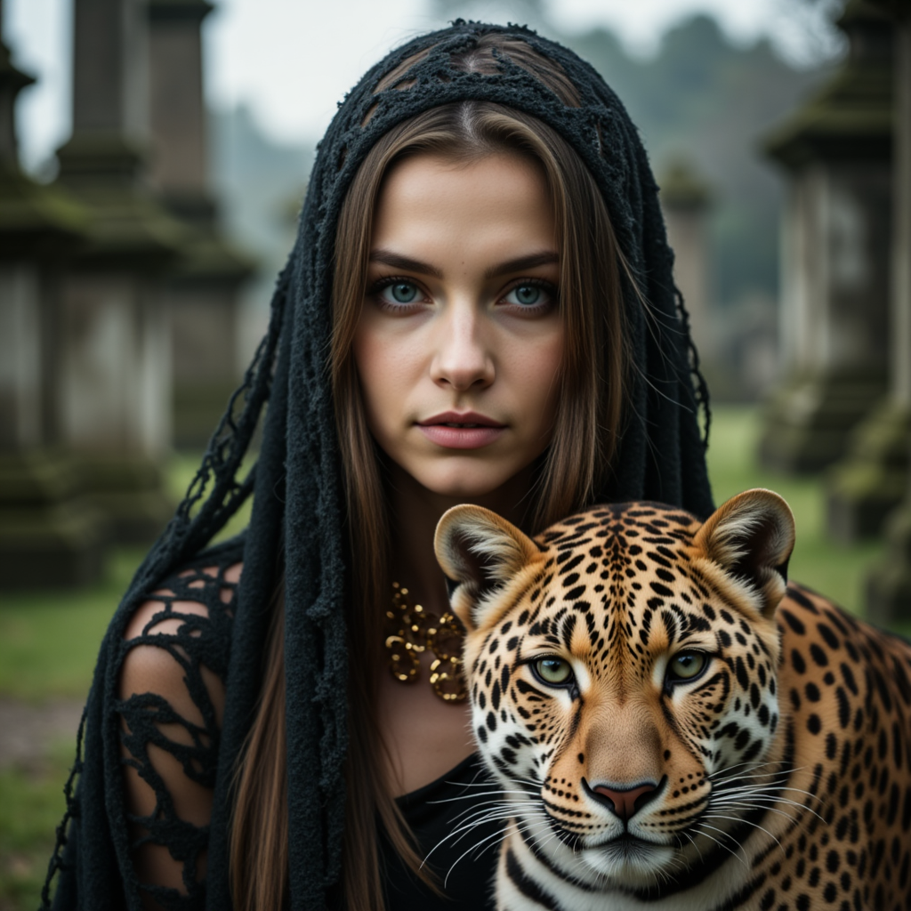 Готическая фотосессия: Леопард, вуаль и кладбище