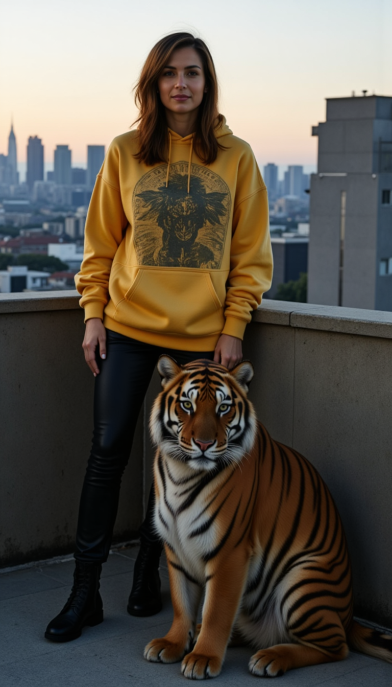 Фотосет с тигром: Gold Hoodie & Skyline (AI)