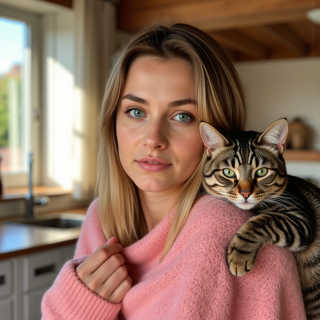 Уютная фотосессия с кошкой: образ в розовом свитере