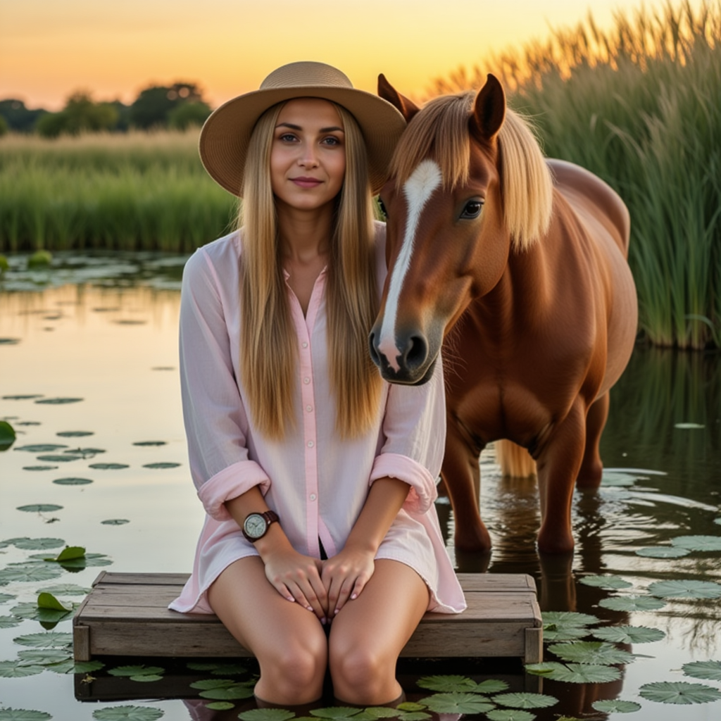 Роскошь и грация: Женская фотосессия с лошадью у пруда