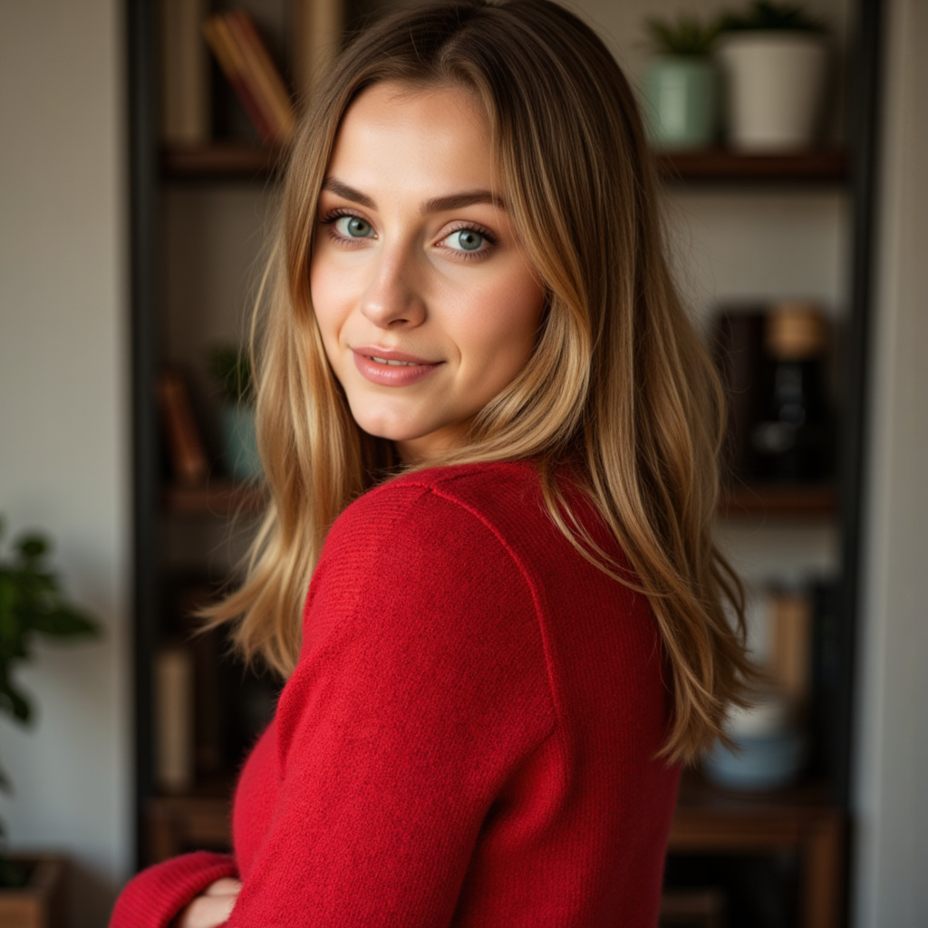 Уютная фотосессия учителя: Красный свитер и свет кольца