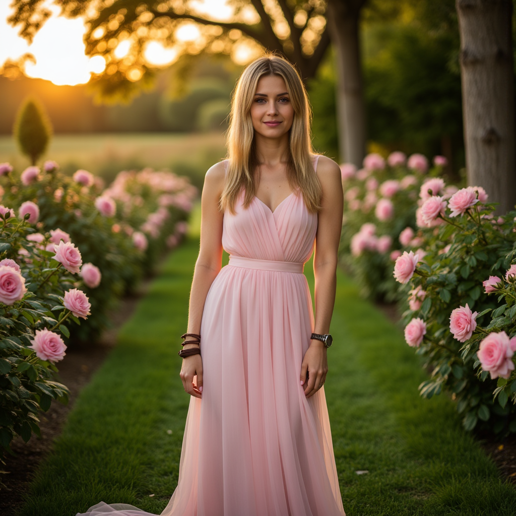 Нежная фотосессия в розовом: сад, закат и 85mm