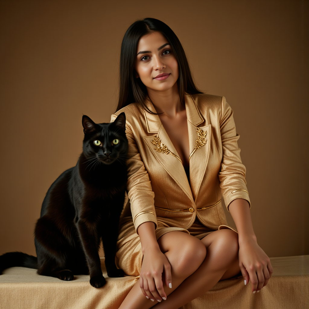 Женская фотосессия: Черная кошка, Египет, золото и свет.
