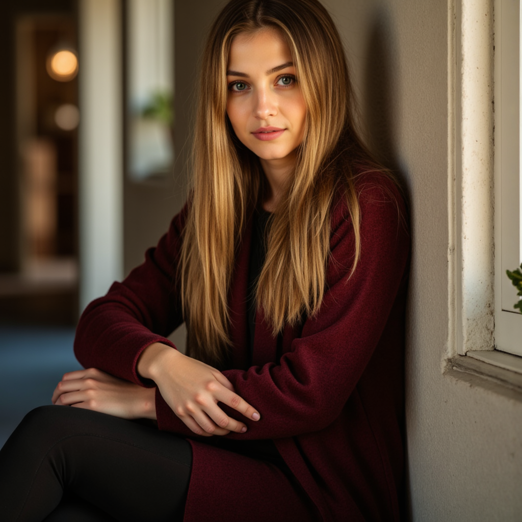 Уютное фото нейросетью: Девушка в бордовом