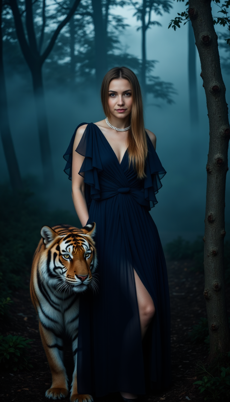 Нежная романтика: Фотосессия с тигром в тумане