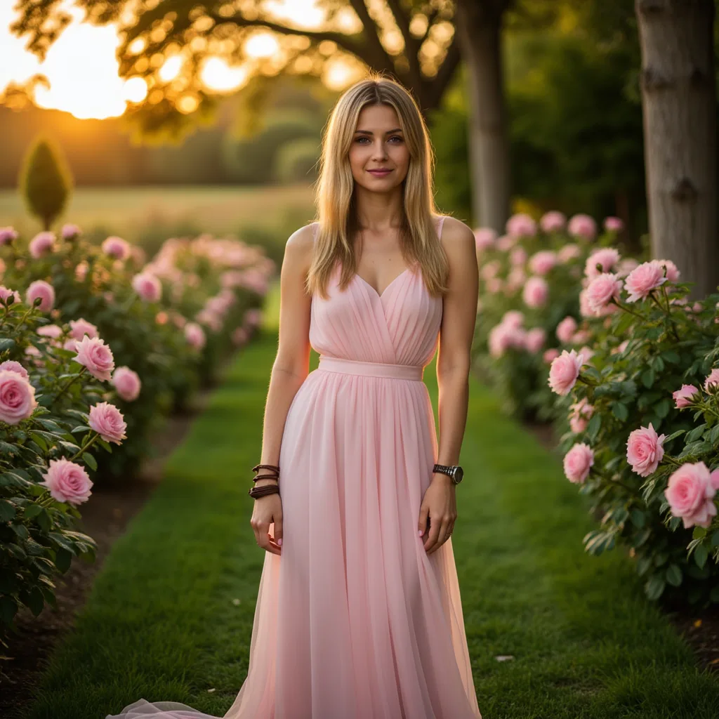 Нежная фотосессия в розовом: сад, закат и 85mm
