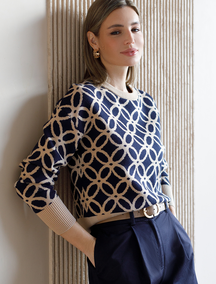 картинка Джемпер женский синий-бежевый магазин Одежда+ являющийся официальным дистрибьютором в России 