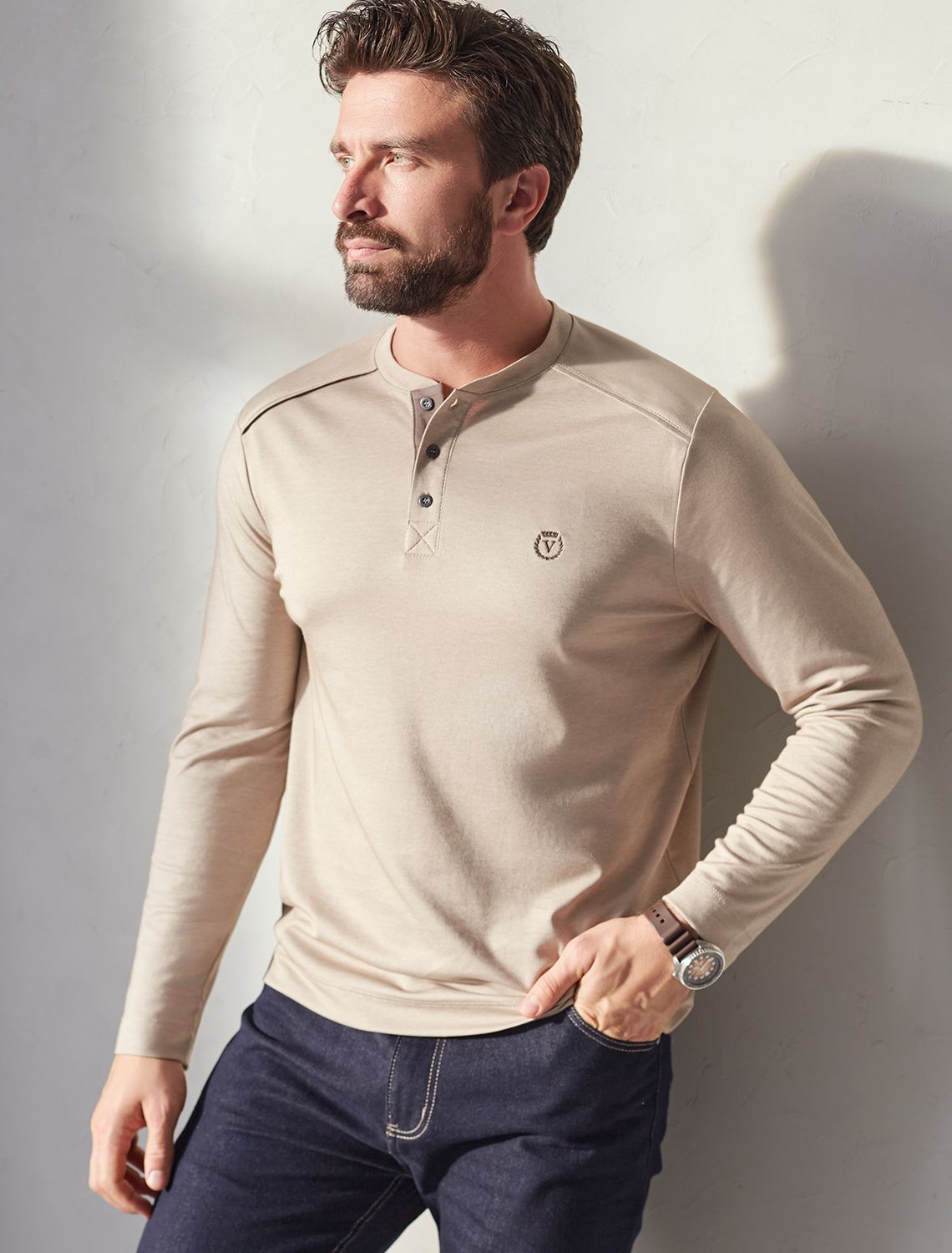 картинка Джемпер мужской т.бежевый меланж магазин Одежда+ являющийся официальным дистрибьютором в России 