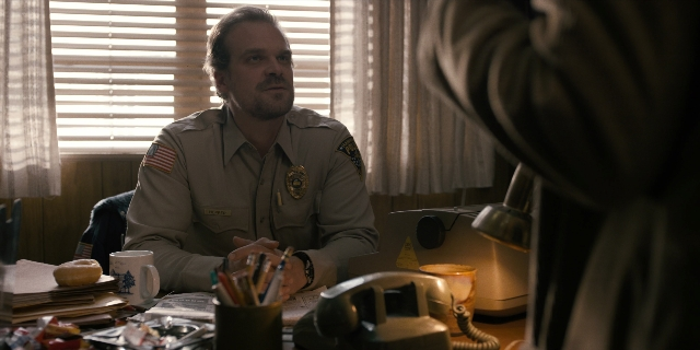 Wide shot frame from Stranger Things — sitting, room, phone