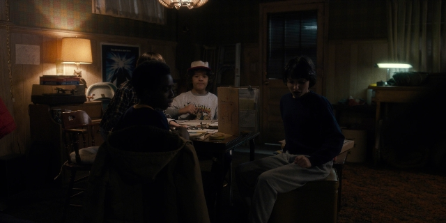 Wide shot frame from Stranger Things — sitting, room, table