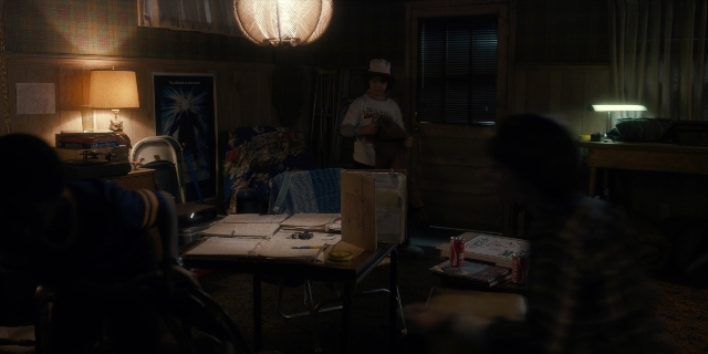Wide shot frame from Stranger Things — book, standing, room