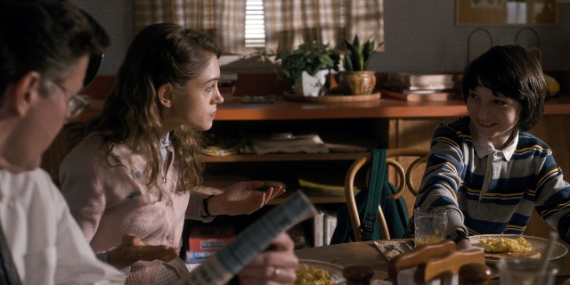 Wide shot frame from Stranger Things — sitting, table, kitchen