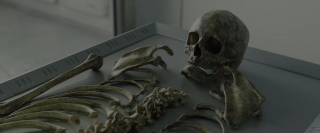 Wide shot frame from Blade Runner 2049 — skull, window