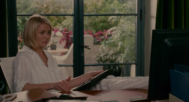 Wide shot frame from The Holiday — sitting, table, phone