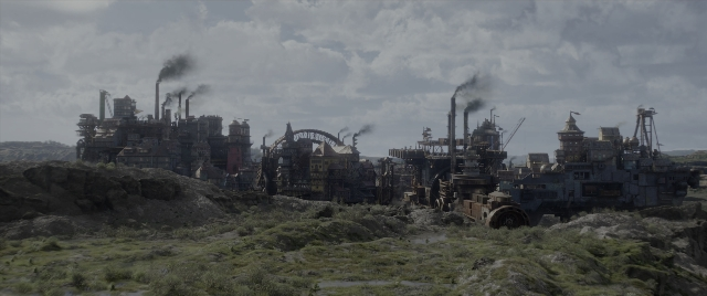 Wide shot frame from Mortal Engines — smoke, building