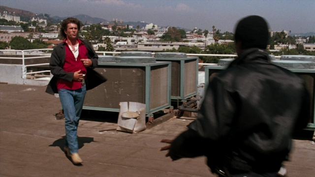 Wide shot frame from Lethal Weapon — walking, dialogue, hand