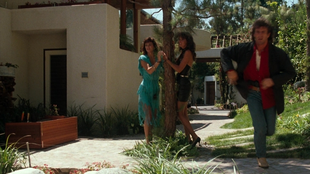 Wide shot frame from Lethal Weapon — standing, house, dress