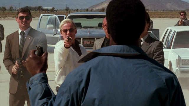 Wide shot frame from Lethal Weapon — standing, car, hand