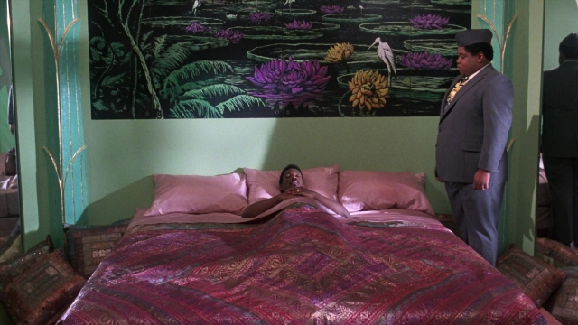 Wide shot frame from Coming to America — standing, room, bed