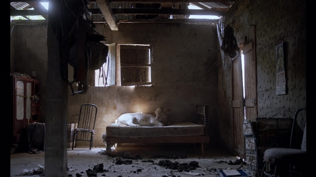 Wide shot frame from Noche de Fuego — room, bed, house