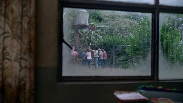 Wide shot frame from Noche de Fuego — standing, room, bird